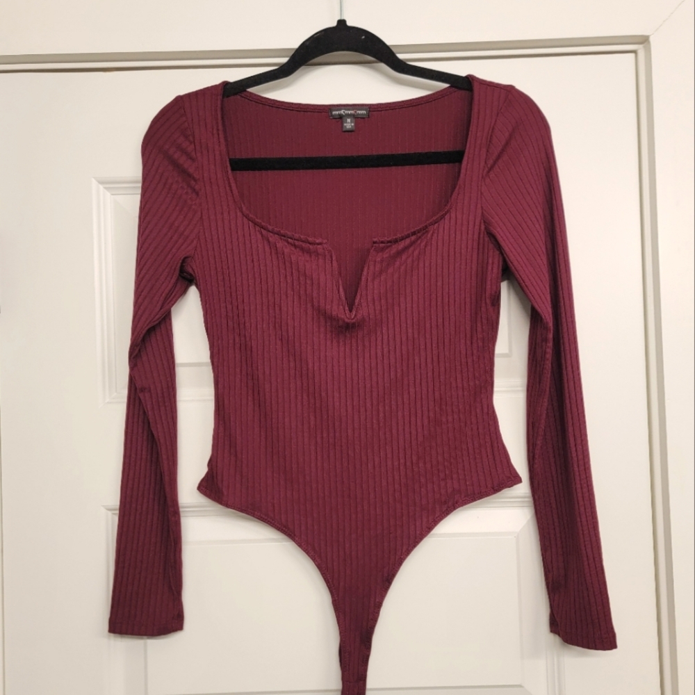 MMM Maroon Red Ribbed Longsleeve Bodysuit Wired V-neck Support Tummy Control